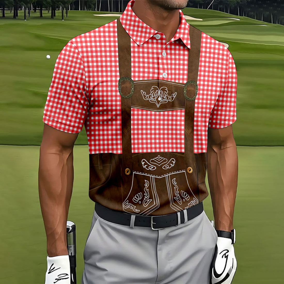 Red Oktoberfest Lederhosen Illusion Sleeveless Golf Polo, Mens Golf Polo, Printed Golf Shirts