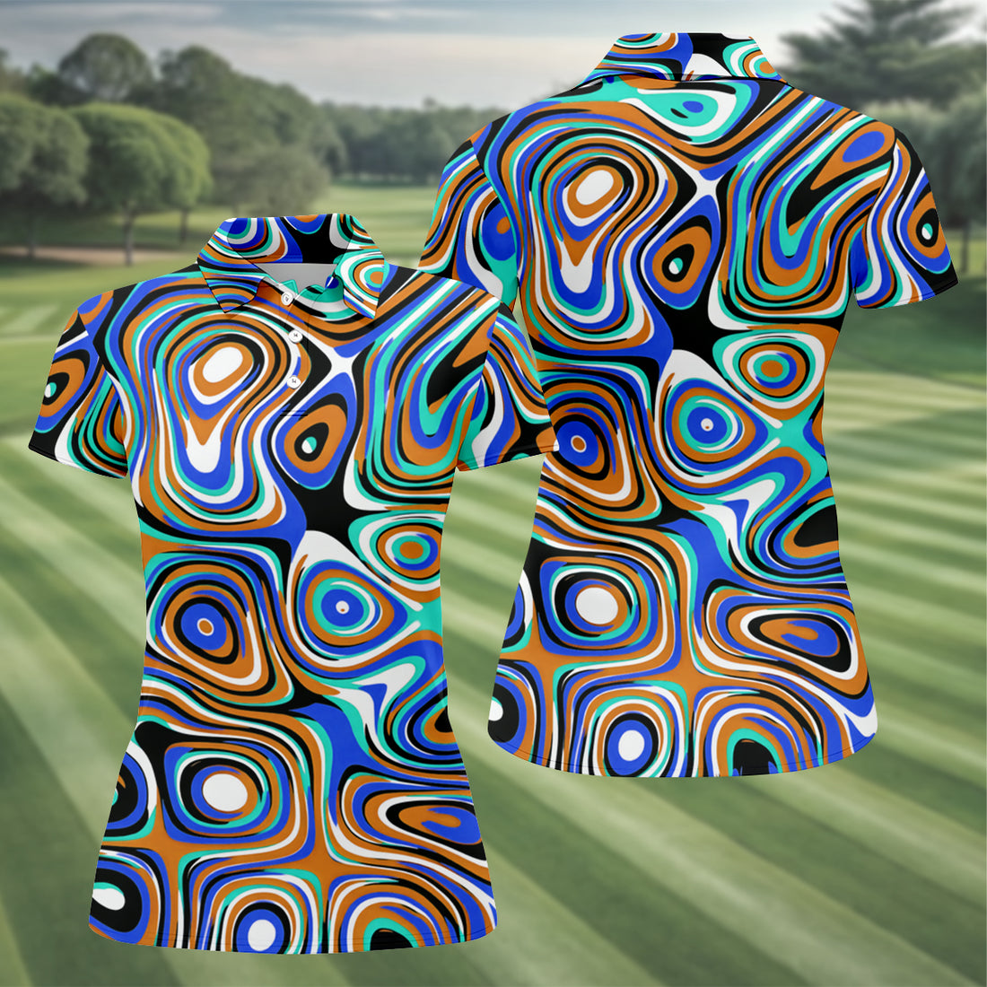 Blue And Orange Fluid Art Cool Golf Shirt, Women's Golf Tops, Ladies Golf Shirts, Women's Polo Shirt