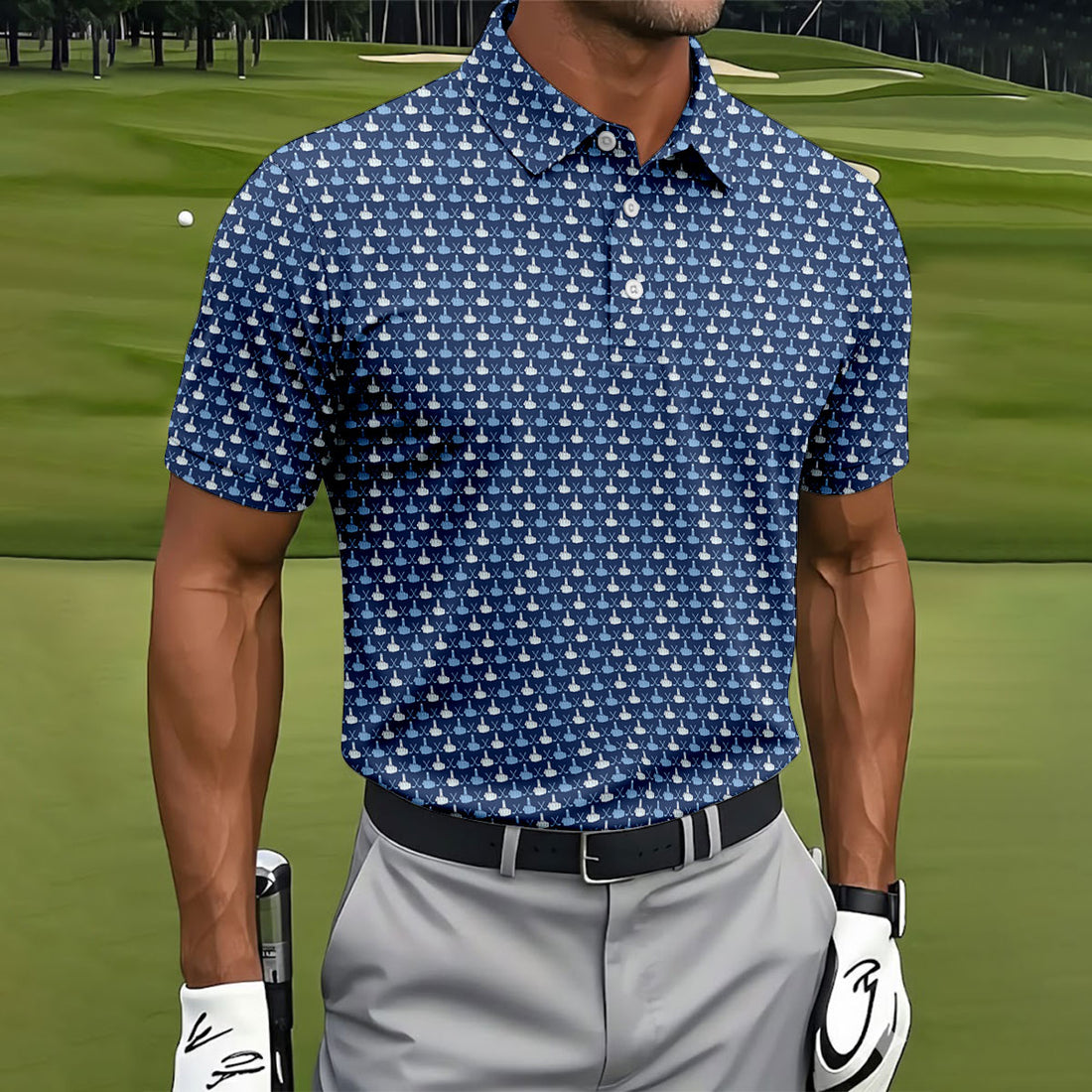 Blue Funny Middle Finger Golf Pattern Polo Shirt, Golf Polo Shirts For Men, Mens Golf Apparel