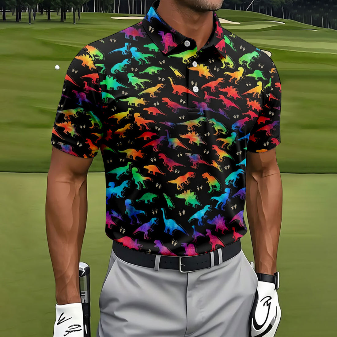 Colorful Dinosaur Sleeveless Golf Shirt, Men's Golf Shirt, Polo Shirts For Men
