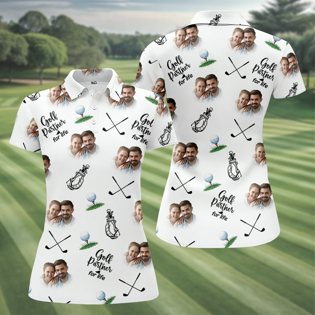 Golf Partner For Life Custom Photo White Women Golf Top, Valentines Golf Gift, Ladies Golf Polos