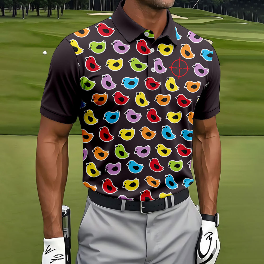 Black Colorful Birdie Hunting Golf Polo Shirt, Men's Golf Shirt, Golf Polo Shirts For Men