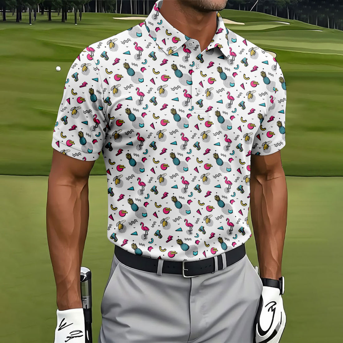 White Retro Summer Flamingo Pattern Golf Polo Shirt, Men's Golf Shirt, Golf Polo Shirts For Men