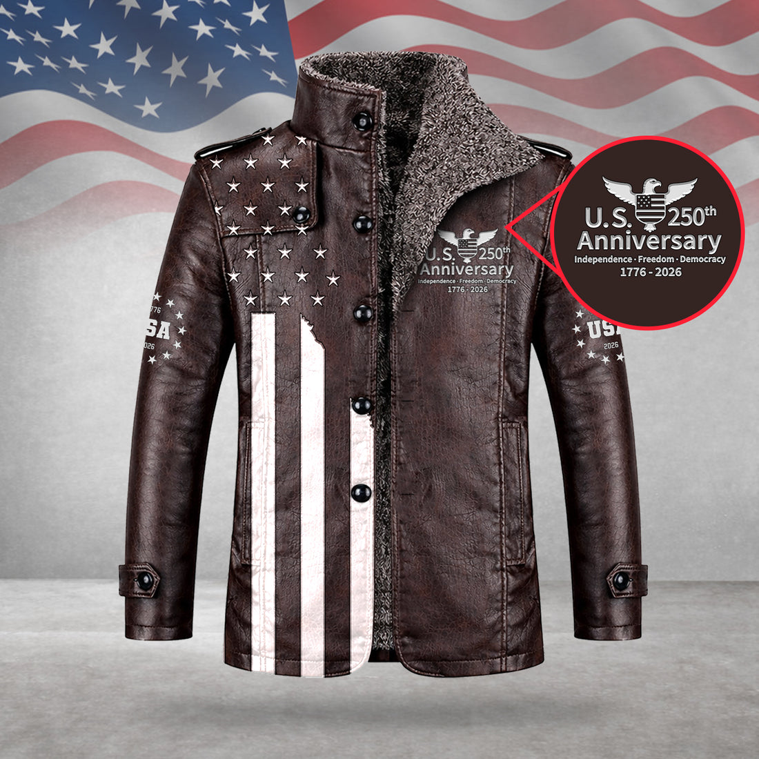 250th Anniversary Distressed Flag Men's Cold Premium Weather Jacket, Leather Trench Coat