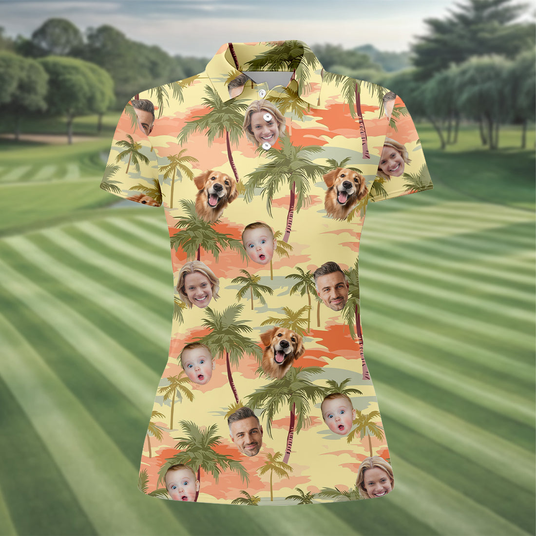 Yellow Sunset Hawaiian Shirt With Face, Matching Hawaiian Outfits, Womens Sleeveless Polo, Ladies Golf Shirts