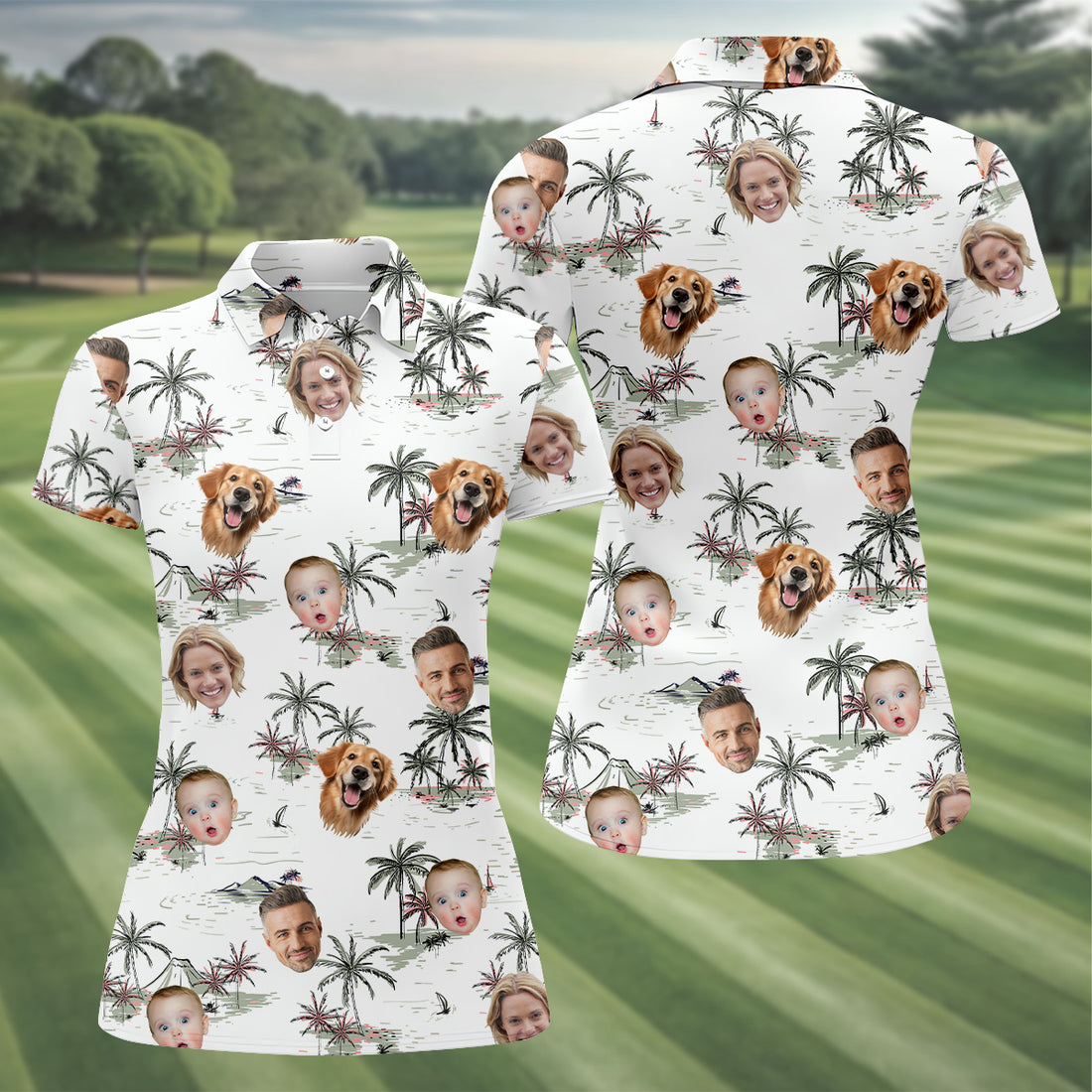 Ladies Palm Tree Shirt, White Hawaiian Shirt, Custom Face Shirt, Womens Sleeveless Polo, Ladies Golf Shirts