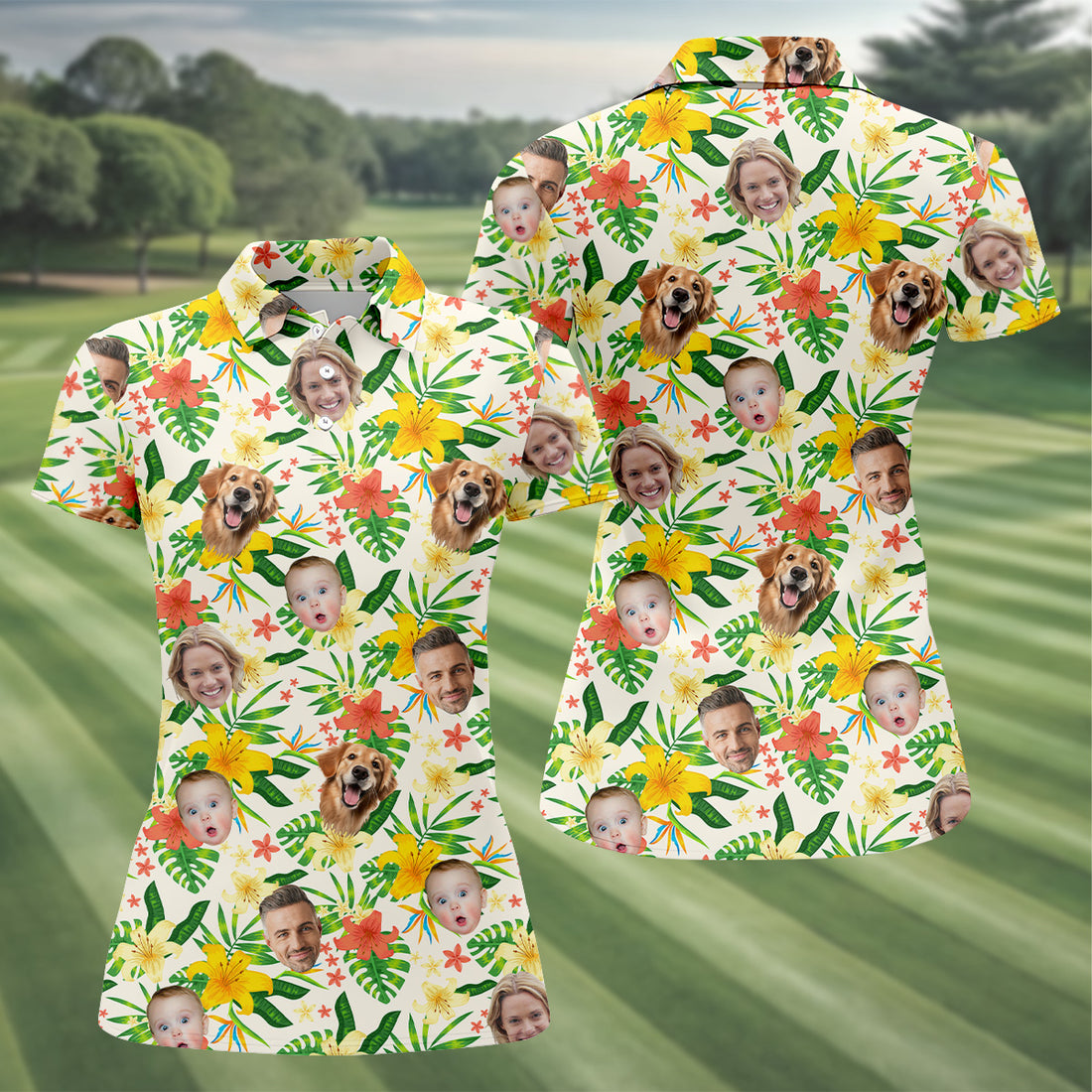 Tropical Leaves Pattern, Hibiscus Hawaiian Shirt, Custom Face Shirt, Womens Sleeveless Polo, Ladies Golf Shirts