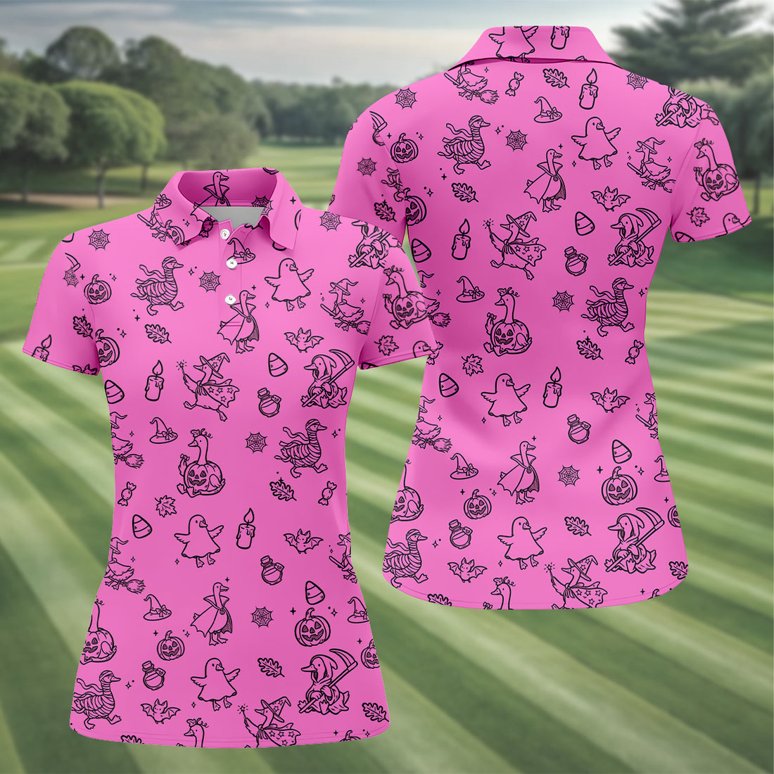 Goose Halloween, Doodle Pattern, Hot Pink Golf Shirt, Sleeveless Womens Golf Shirts, Women Golf Top, Ladies Golf Shirts