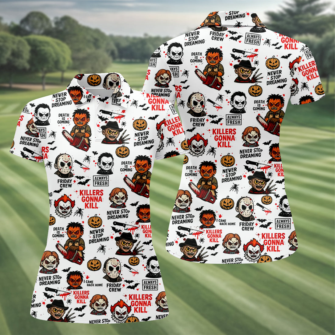 Classic Horror Characters Halloween Golf Shirt, Fun Womens Golf Shirts, Ladies Golf Tops