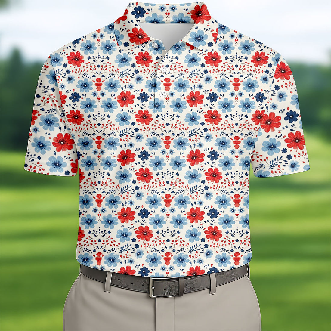 Red White Blue Floral Pattern 250th Anniversary Patriotic Golf Shirt, 4th Of July Golf Shirts For Men