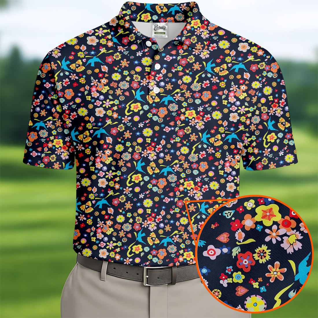 Colorful Floral Bird Garden Golf Shirt, Mens Golf Polo, Printed Golf Shirts