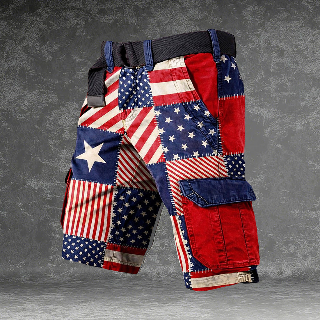 Vintage American Flag Patchwork Cargo Shorts, Patriotic USA Shorts, Men's Cargo Shorts