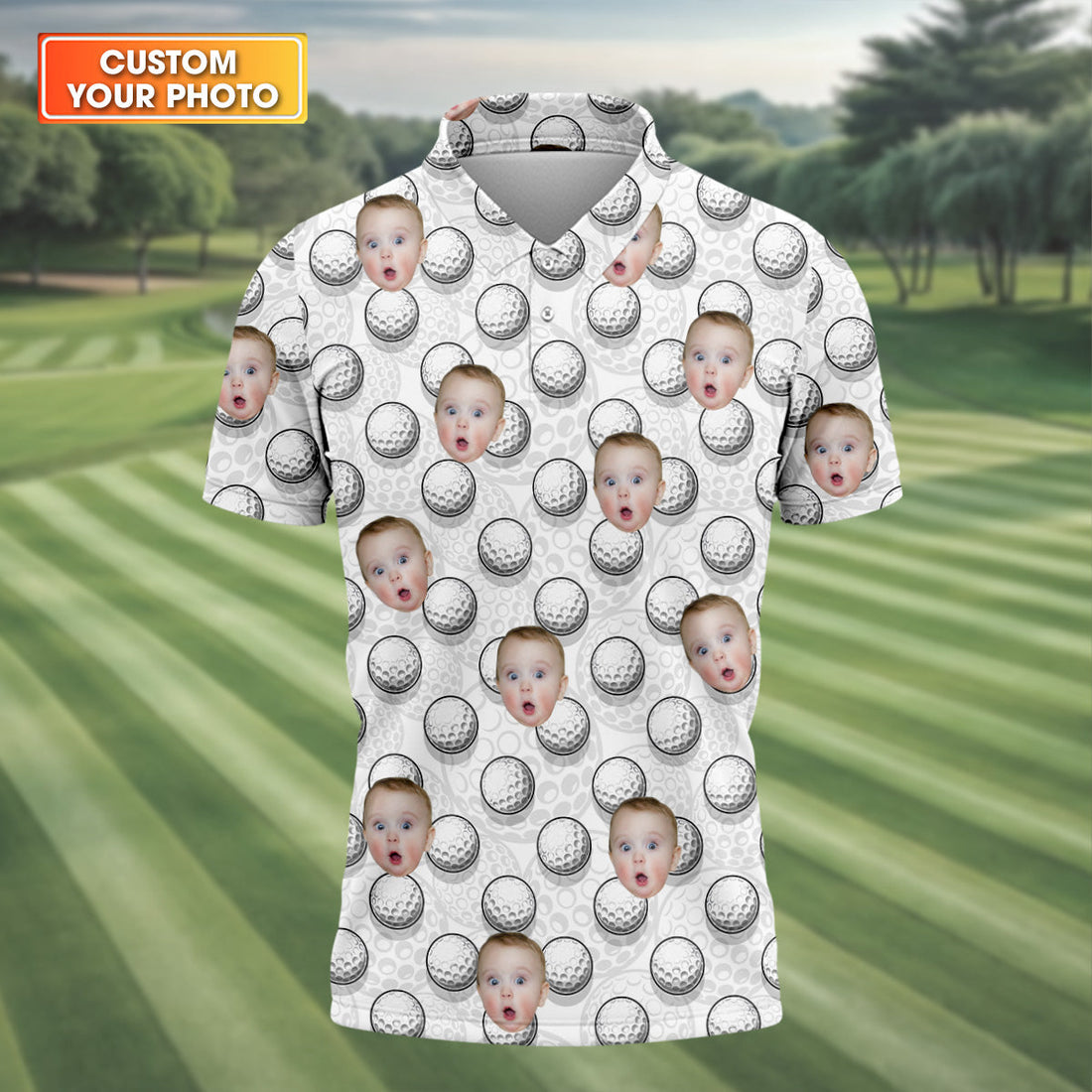 Custom Face Kids Photo, Golf Ball Pattern Funny Golf Polo Shirt, Christmas Golf Gift