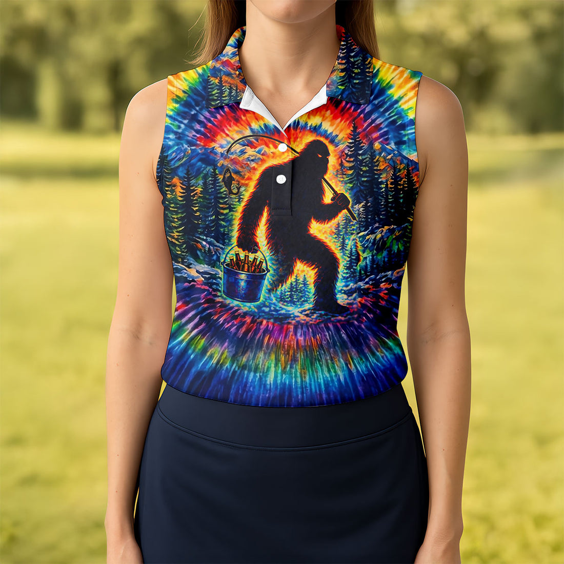 Tie Dye Bigfoot Fishing Forest Golf Shirt, Women’s Golf Apparel, Golf Tops For Women