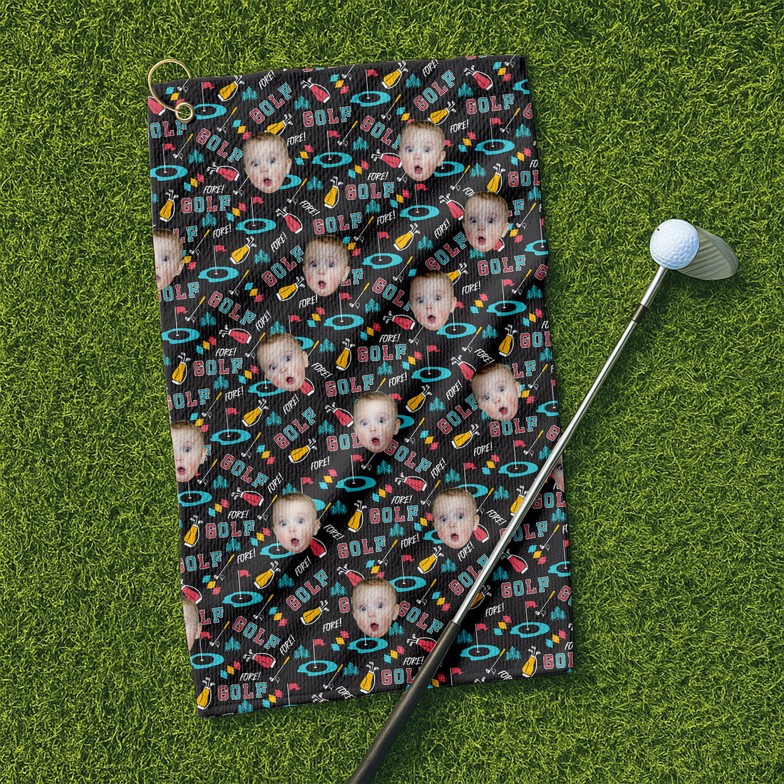 Fore! Golf Custom Kid Face Microfiber Waffle Small Funny Golf Towel, Golf Rag, Golf Gift For Dad
