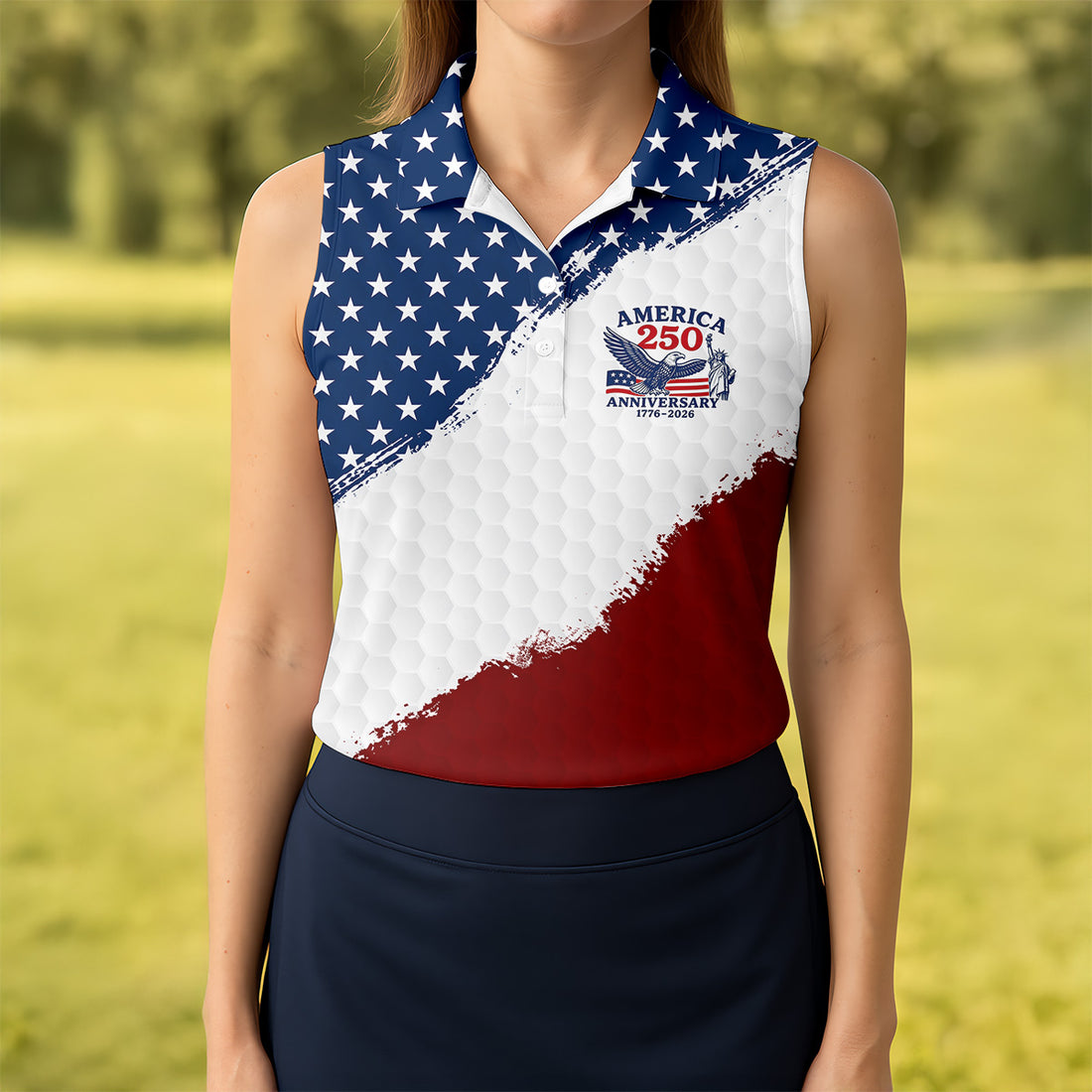 Red White Blue Splatter Paint Golf Ball Pattern 4th Of July Golf Shirt, 250th Anniversary Golf Shirt For Women