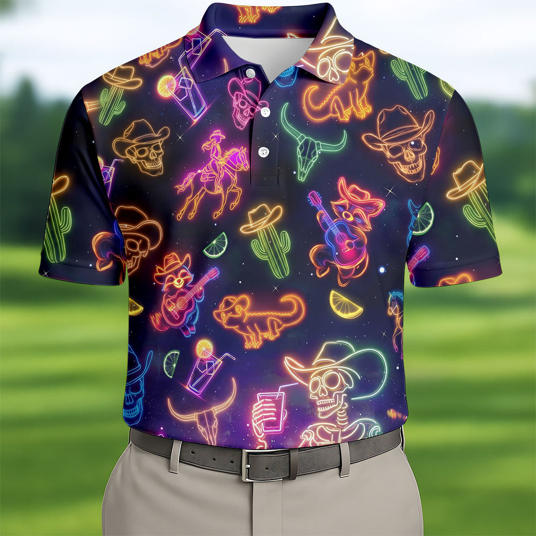 Neon Cowboy Icons Pattern Hawaiian Golf Shirt, Men's Golf Shirt, Polo Shirts For Men