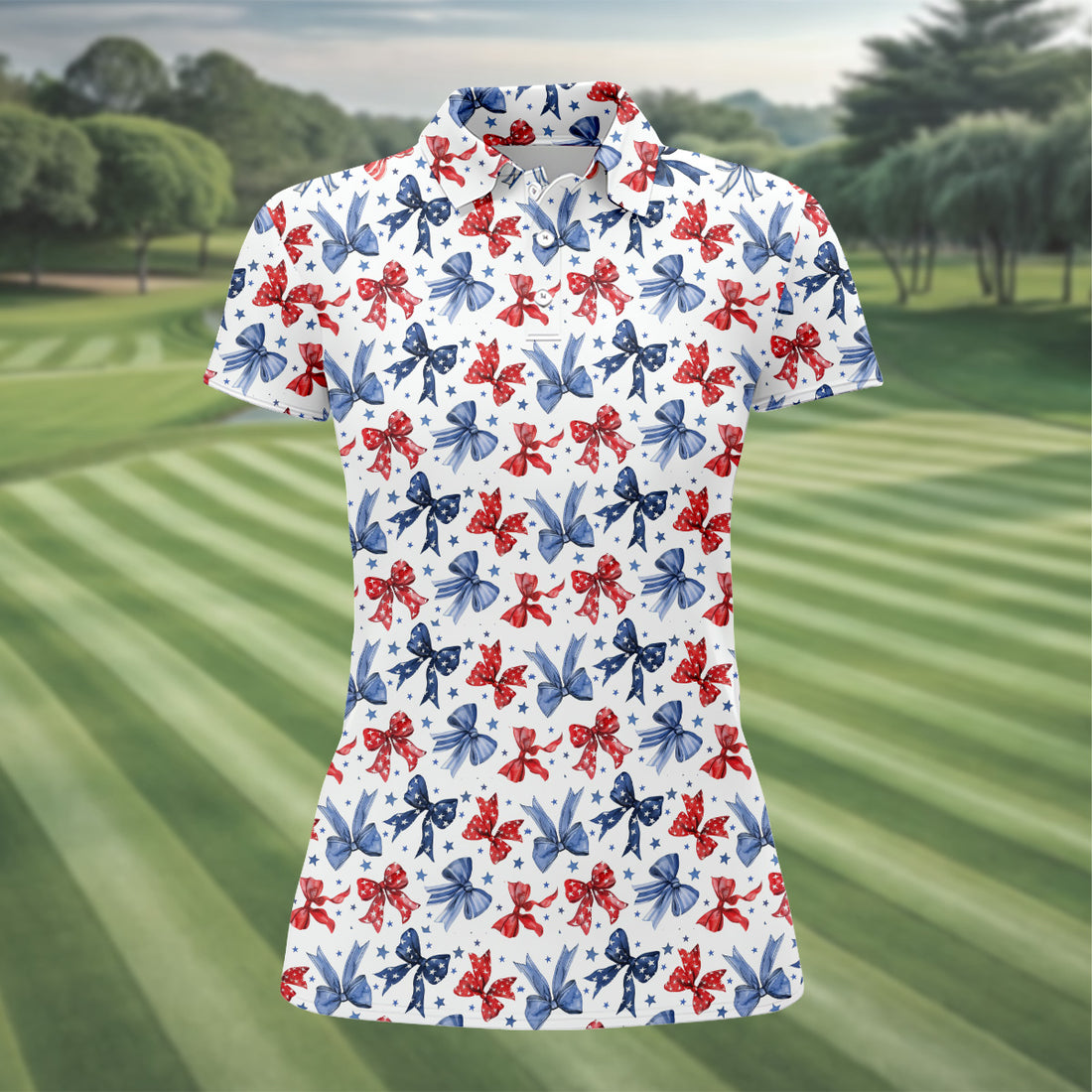 Red White & Blue Bows Shirt, Women's 4th Of July Shirts, 250 Years Womens Golf Polo Shirt