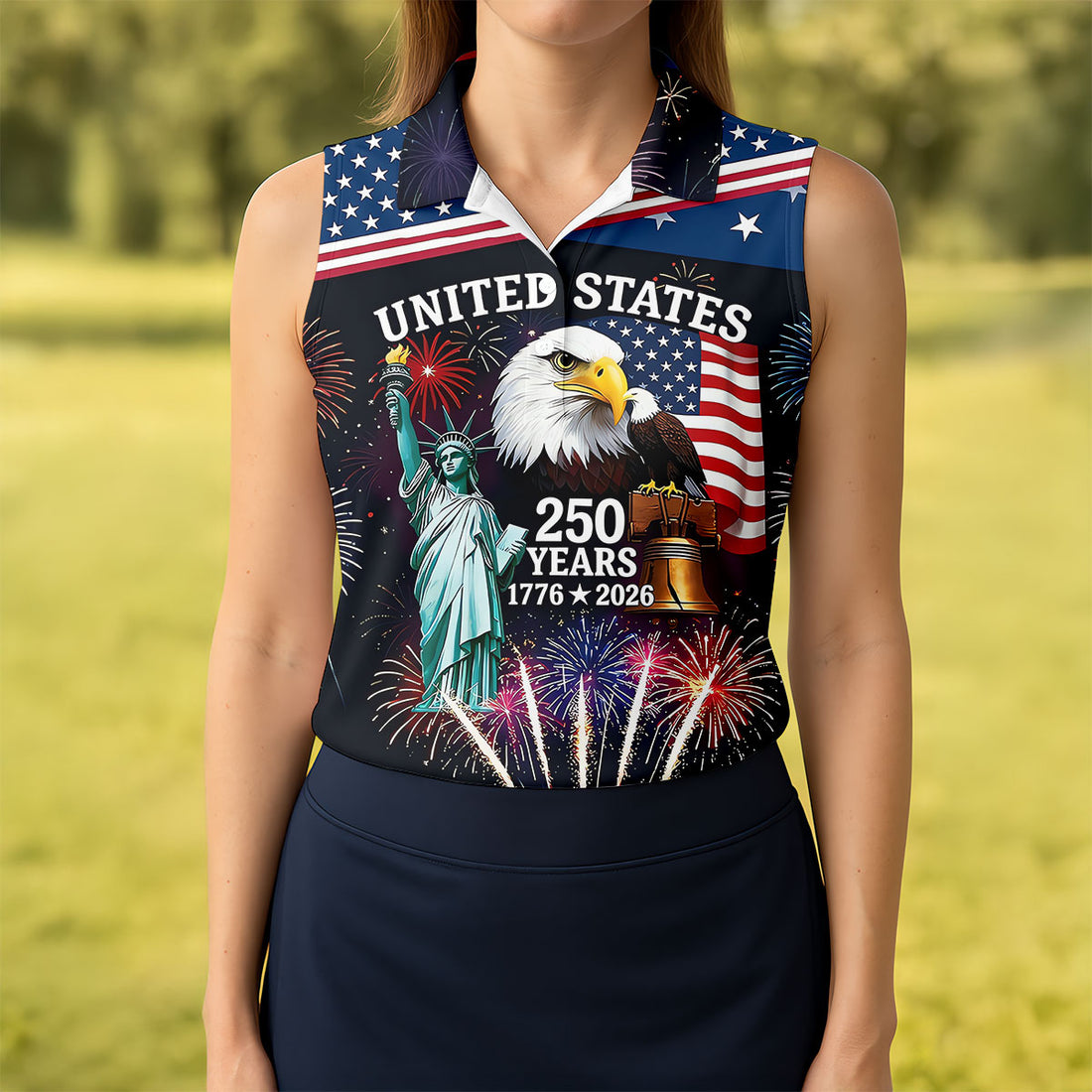 250 Years American Symbols US Flag Golf Shirt, Patriotic 4th Of July Golf Shirt For Women