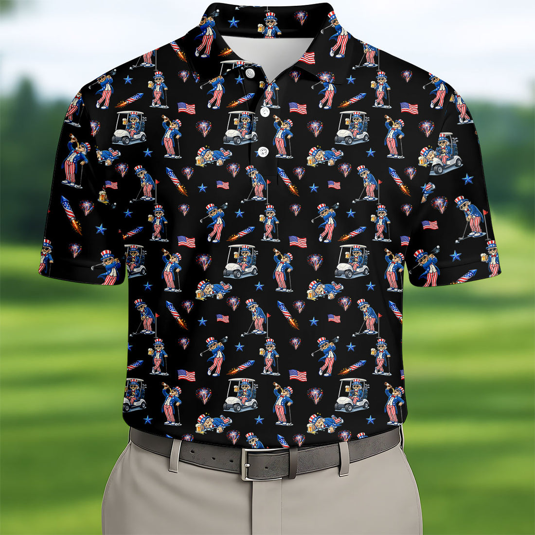 Patriotic Man Golf And Beer Funny 4th Of July Black Golf Shirt, 250 Years Seamless Pattern Golf Shirts For Men