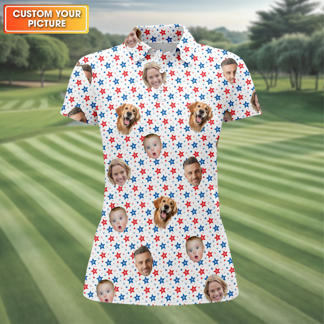 Family Portrait Golf Shirt, Patriotic Golf Shirt, USA Golf Shirt For Ladies, Women's Golf Polo Shirt