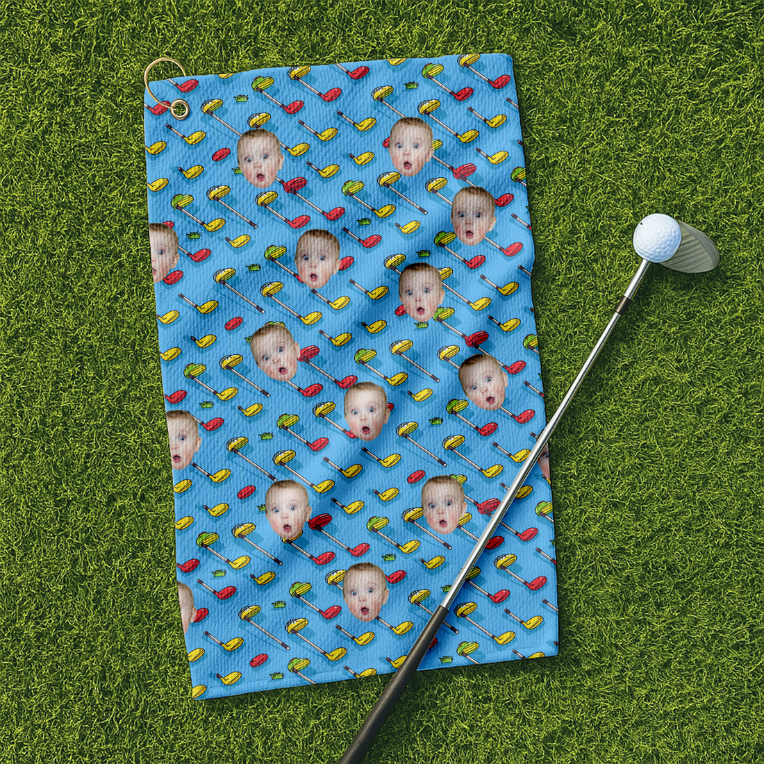 Custom Kid Face Microfiber Waffle Blue Small Funny Golf Towel, Golf Rag, Dad Golf Gifts