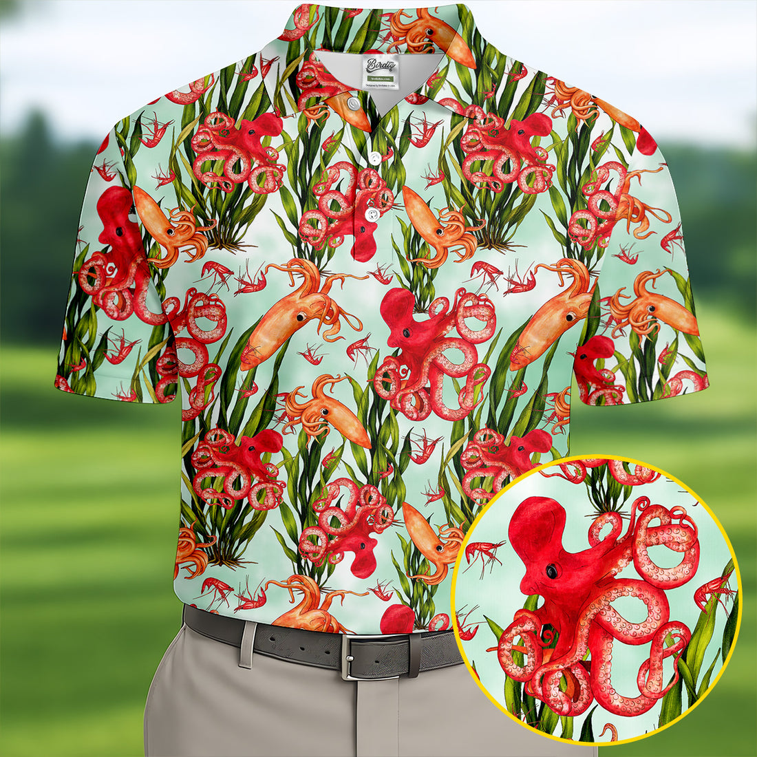 Tropical Cephalopods Among Seaweed  Hawaiian Golf Polo, Golf Tops For Men, Golfing Apparel