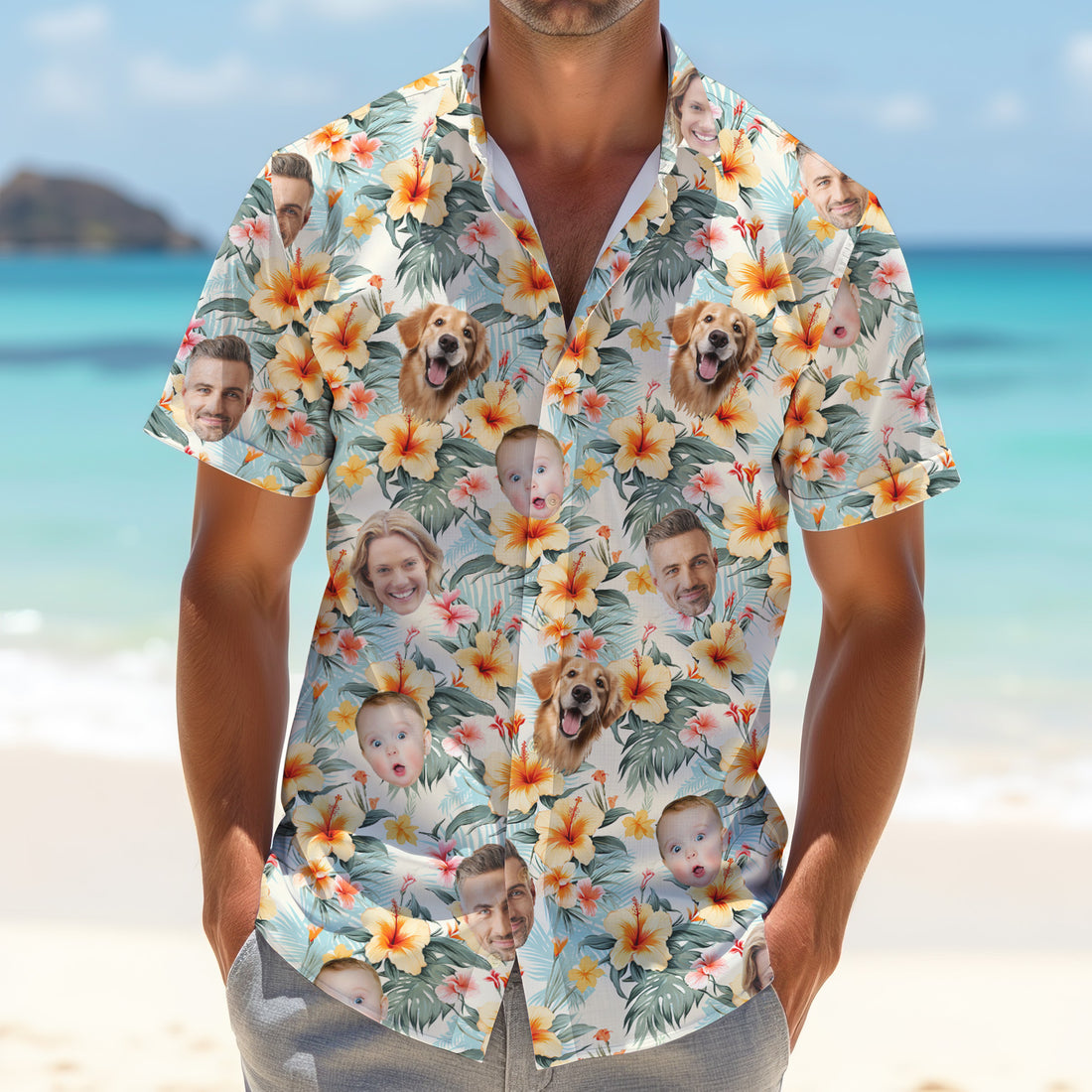 Yellow Hibiscus Flower Hawaiian Golf Shirt, Custom Face Shirt, Great Golf Gifts For Guys, Flower Men Shirt