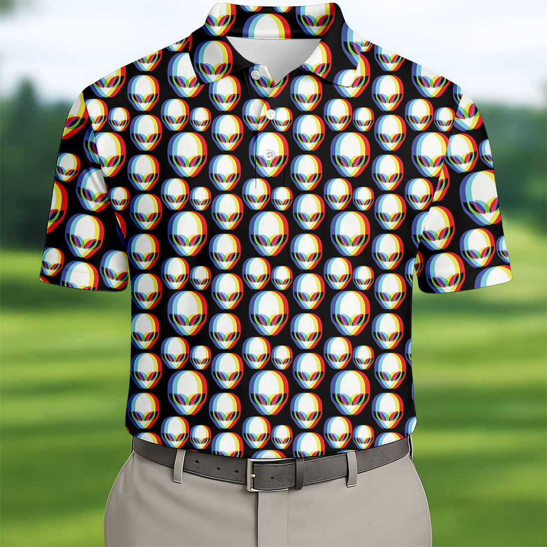 Retro Alien Head Pattern Golf Shirt, Men’s Golf Shirt, Golf Polo Shirts For Men