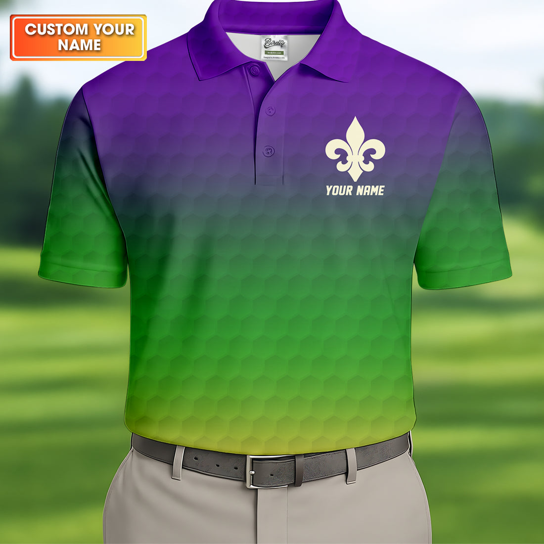 Purple Green Gold Golf Ball Pattern Mardi Gras Golf Shirt, Golf Tops For Men, Polo Shirts For Men