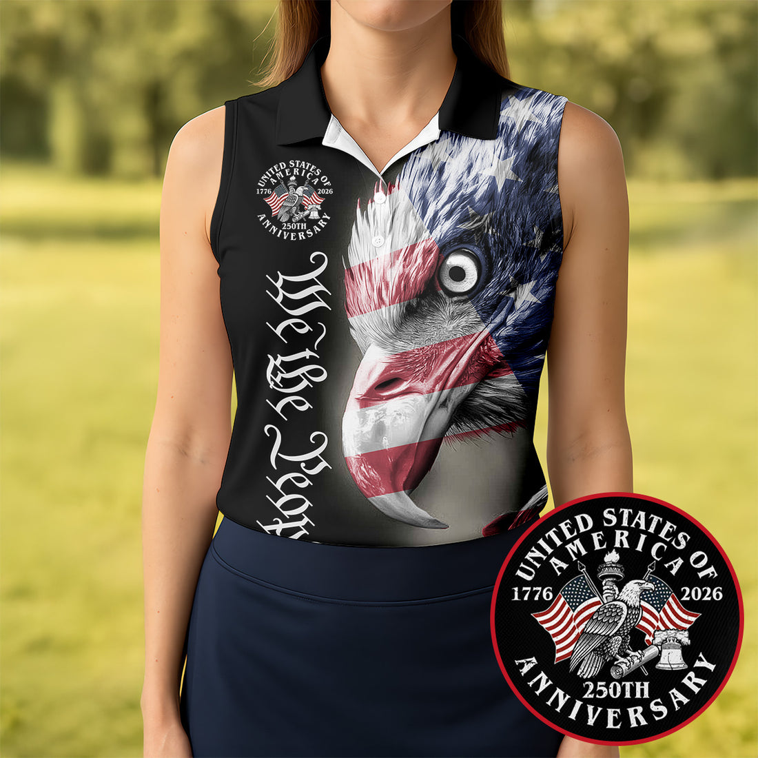 We The People Patriotic Bald Eagle American Flag Golf Shirt, 250 Years 4th Of July Golf Shirt For Women