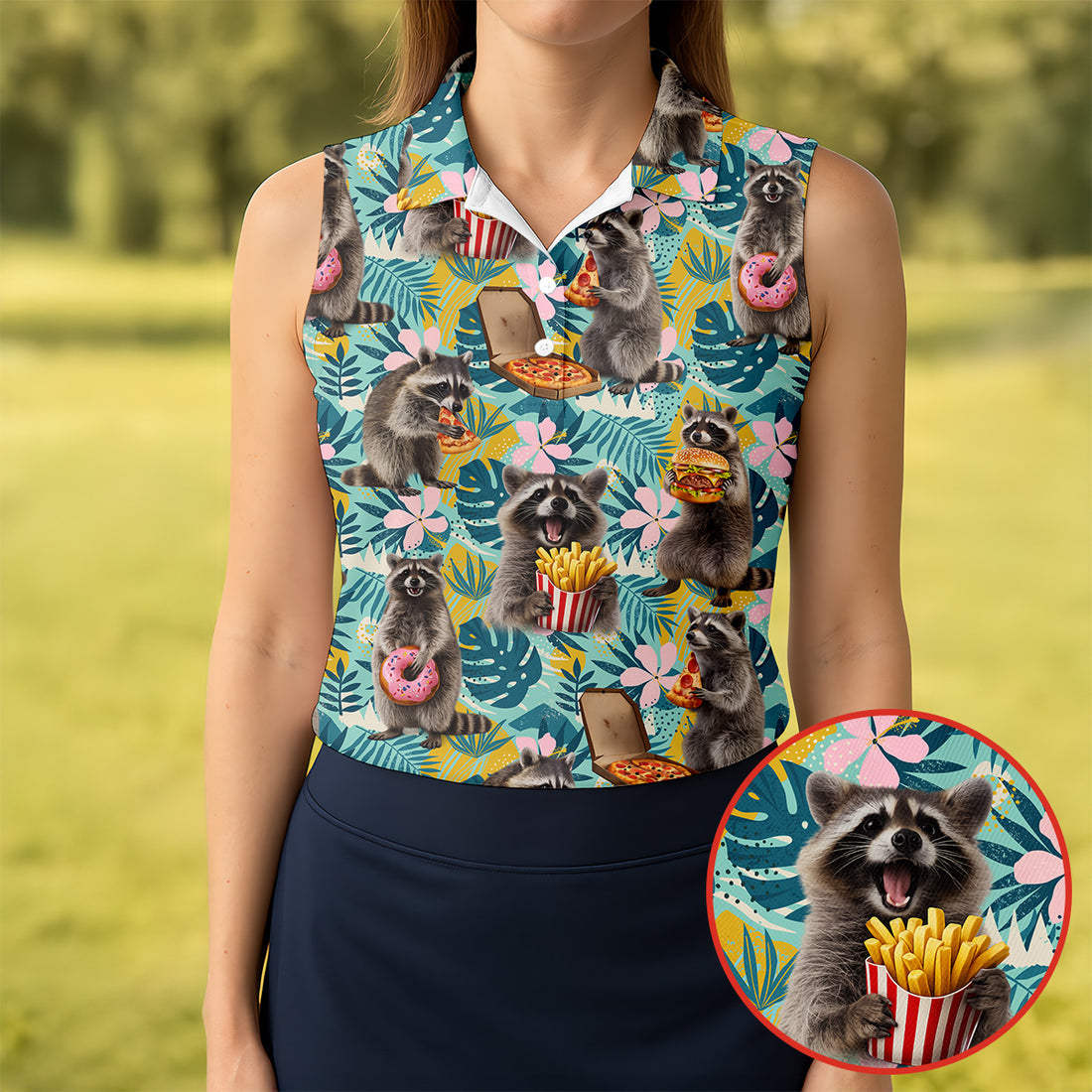 Funny Raccoons Enjoying Burgers, French Fries Design Hawaiian Golf Polo, Golf Tops For Women, Golfing Apparel
