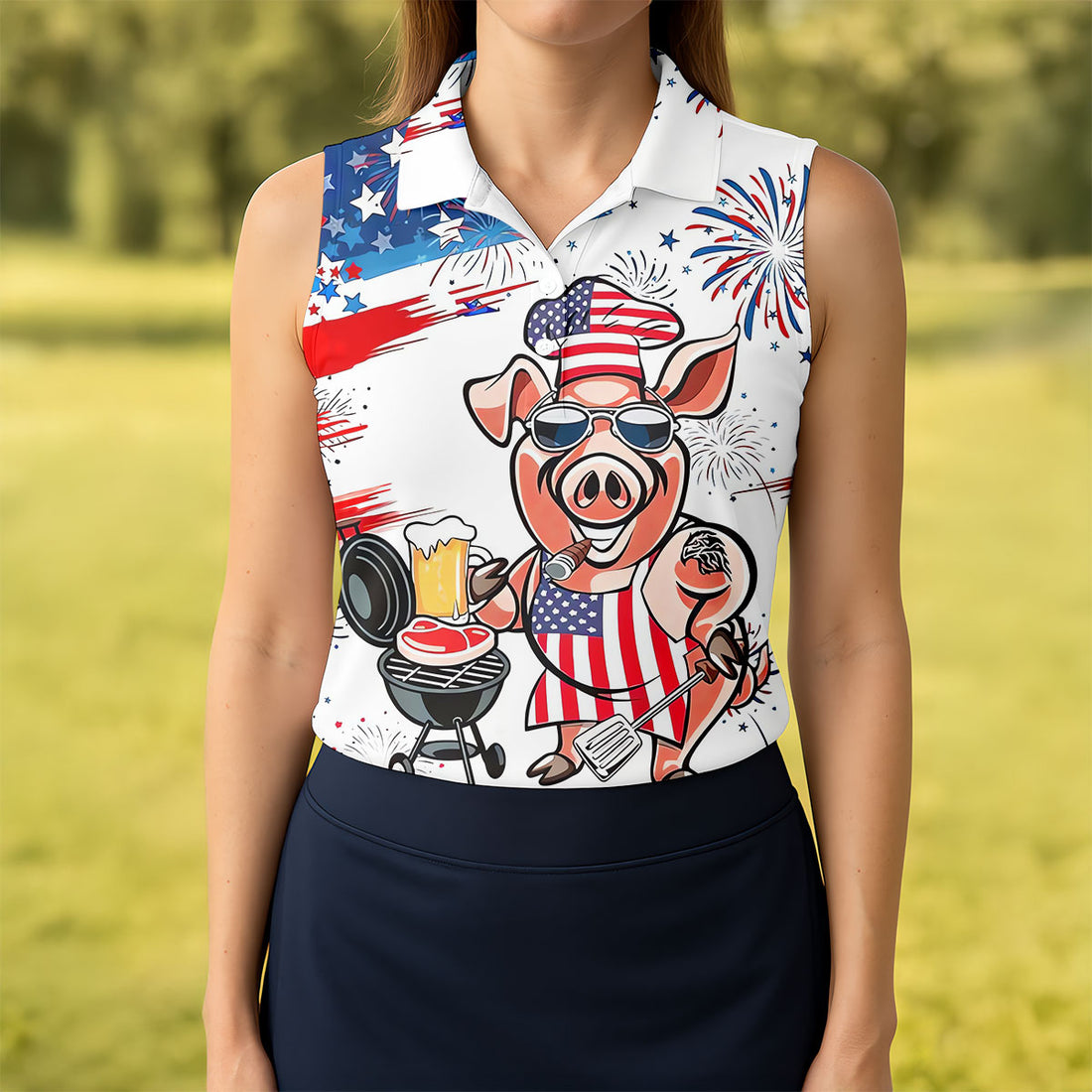 Patriotic American Flag Funny BBQ 250th Anniversary Women's Polo Shirt, Ladies Golf Shirts