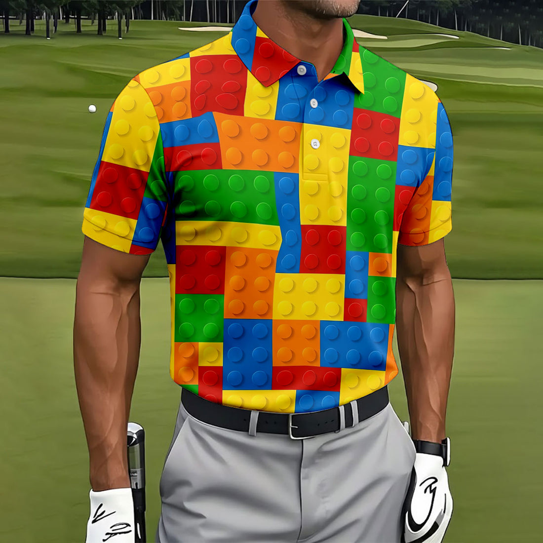 Lego Pattern Colorful Golf Shirt, Golf Tops For Men, Polo Shirts For Men, Golf Shirts For Men