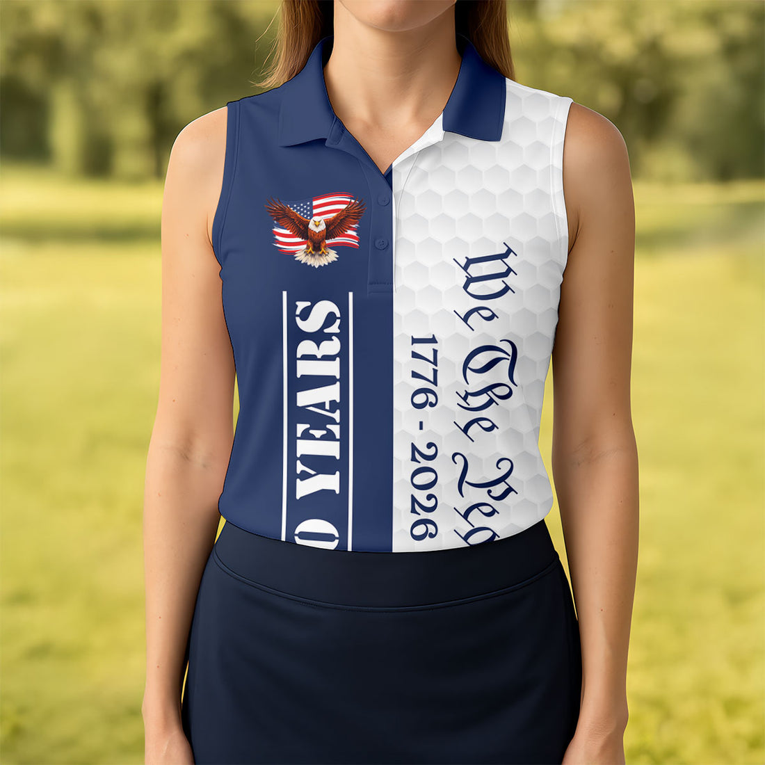We The People Bald Eagle US Flag Golf Ball Pattern 250 Years Patriotic 4th Of July Golf Shirt For Women