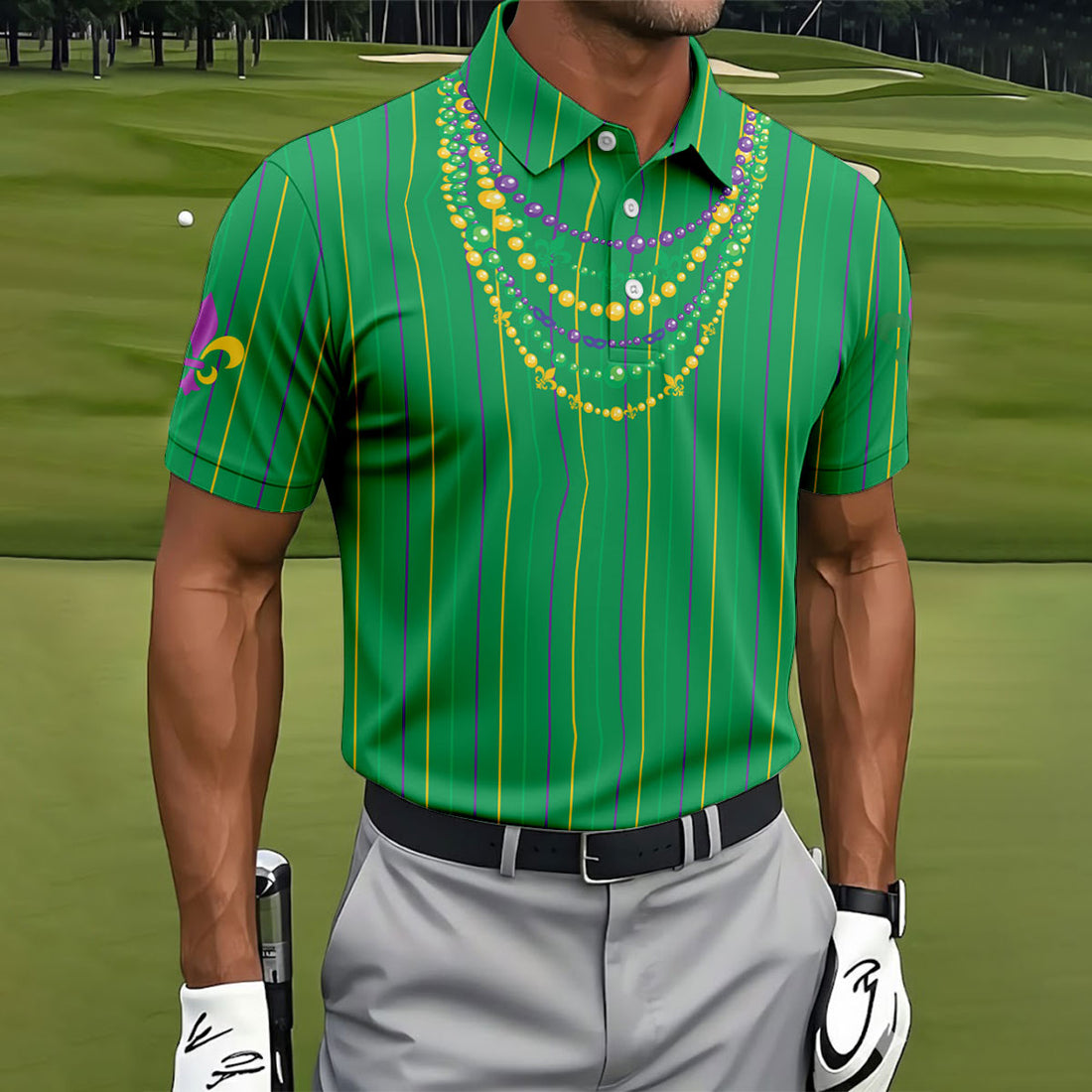 Mardi Gras Beads Necklaces Print Green Golf Shirt, Golf Tops For Men, Polo Shirts For Men, Golf Shirts For Men