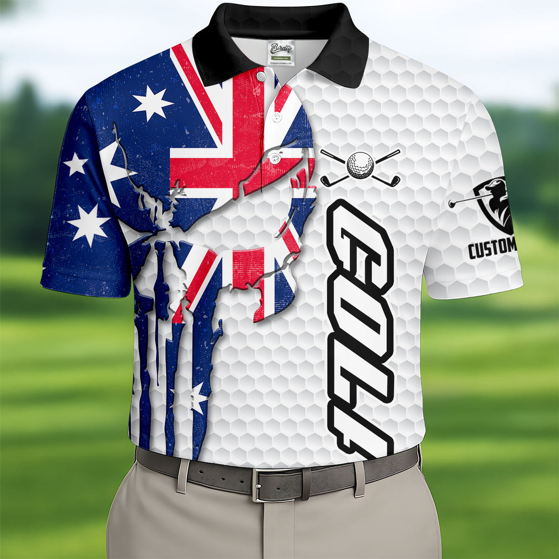 Cool Skull Golf Ball Pattern Australia Flag Print White Golf Shirt, Polo Shirts For Men