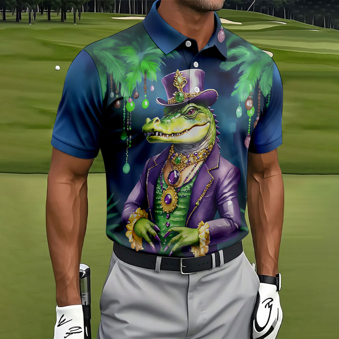 Mardi Gras Alligator Navy Golf Shirt, Men's Funny Golf Shirts, Polo Shirts For Men, Golf Shirts For Men
