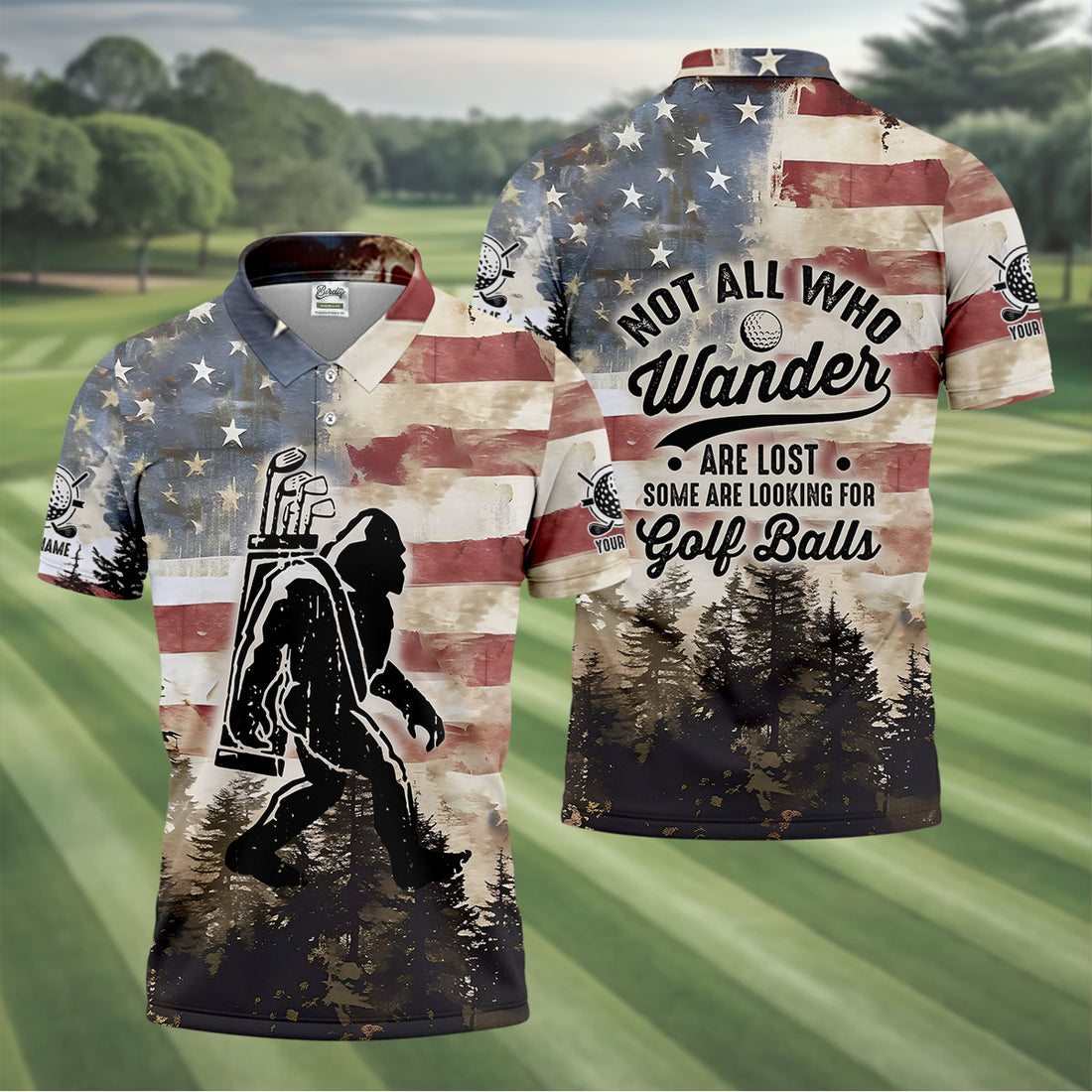 Patriotic Golf Polo Shirts, Bigfoot Golf Shirt, Men's Long Seeve Golf Shirts, Golf Gifts For Men