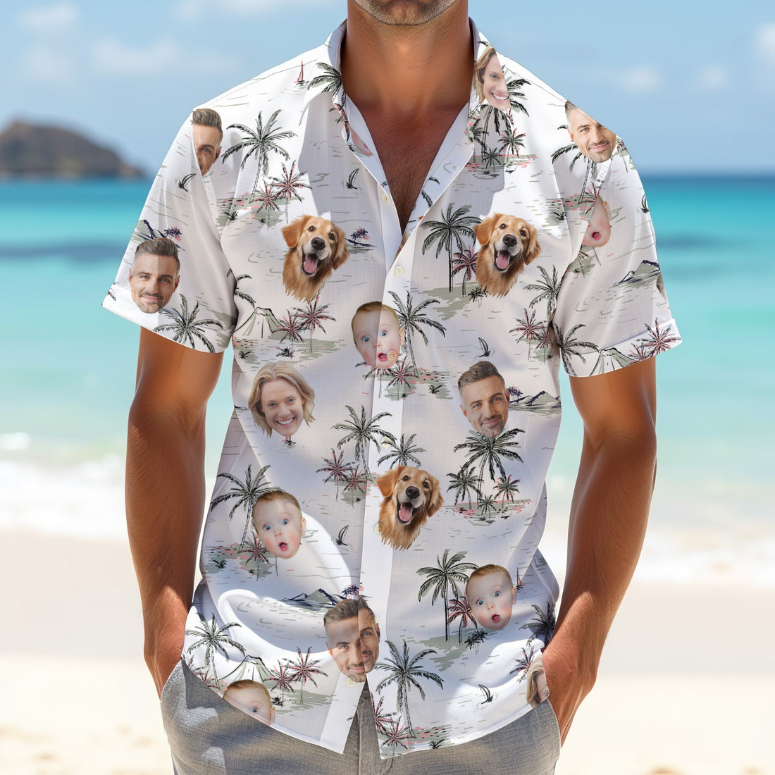 Men Palm Tree Shirt, White Hawaiian Shirt, Custom Face Shirt, Mens Golf Polo Shirts, Golf Gifts For Men
