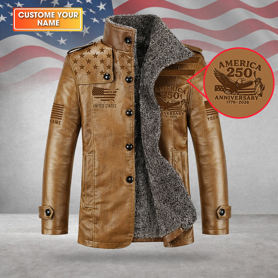 250 Years Red White Blue USA Flag Pattern Men's Cold Premium Weather Jacket, Leather Trench Coat