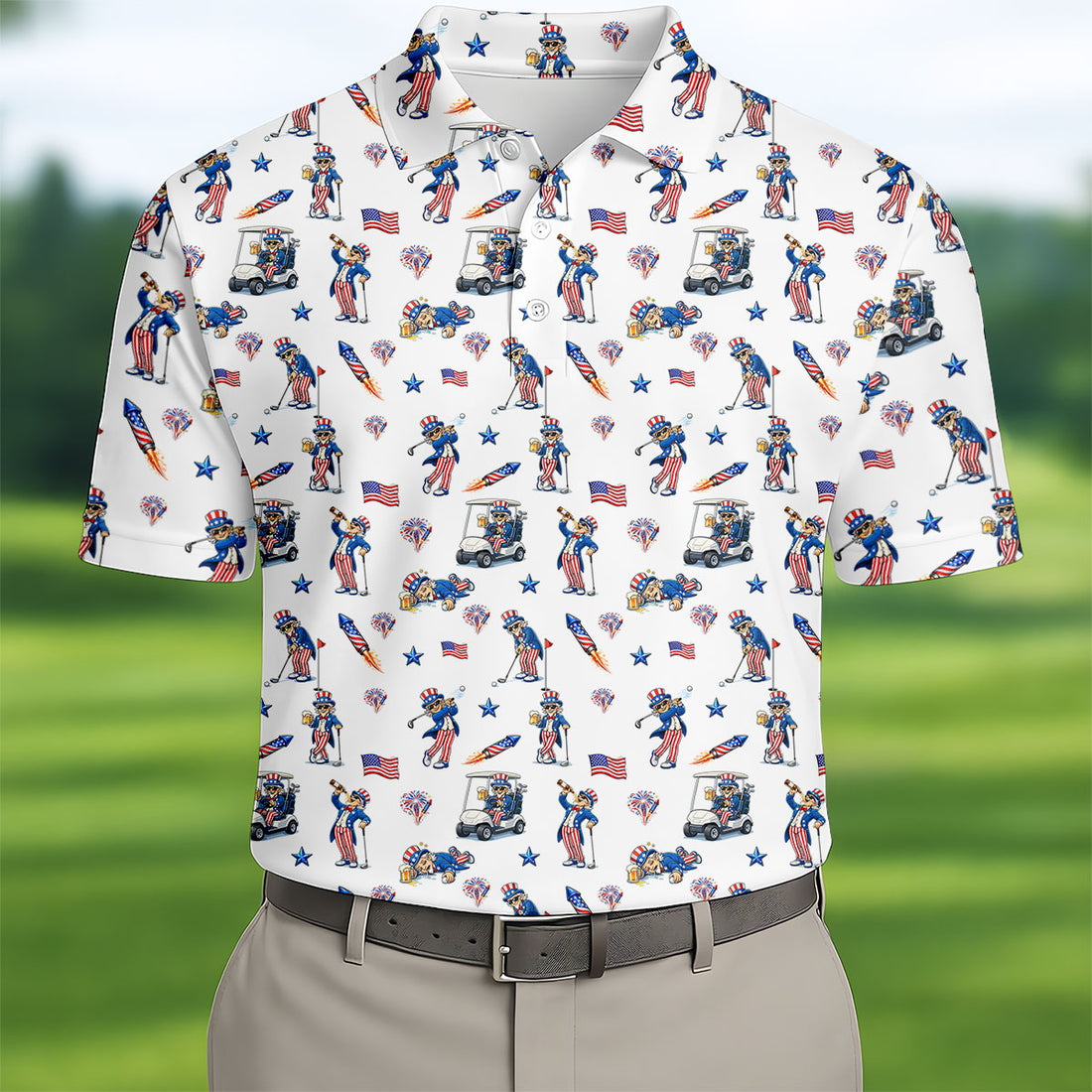 Patriotic Man Golf And Beer Funny 4th Of July White Golf Shirt, 250 Years Seamless Pattern Golf Shirts For Men