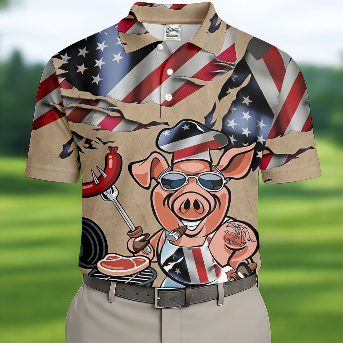 Patriotic American Flag Funny BBQ 250th Anniversary Dark Beige Polo Shirts For Men, Golf Shirts For Men
