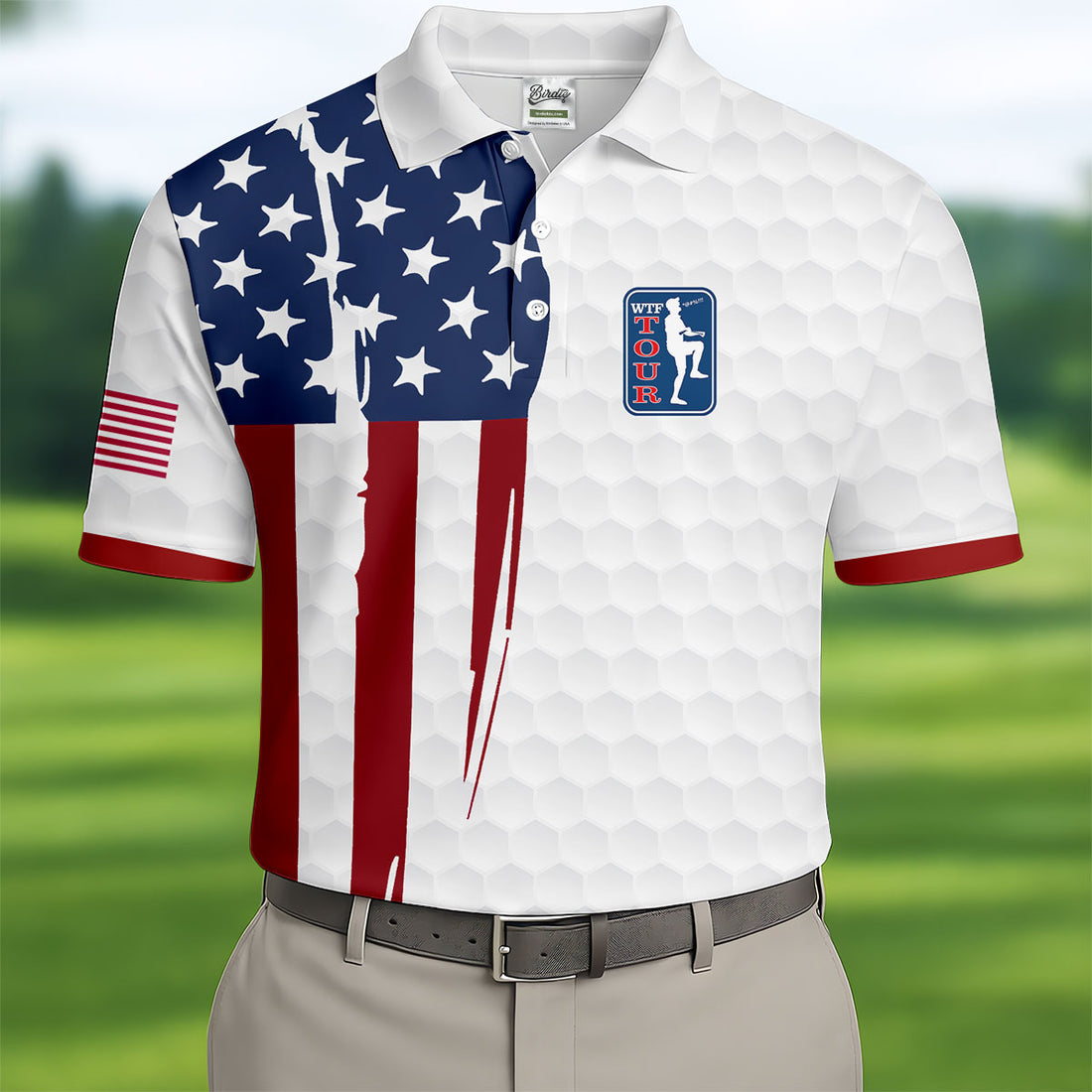 Golf Ball Pattern WTF Tour US Flag 4th Of July Patriotic Golf Shirt, 250th Anniversary Polo Shirts For Men