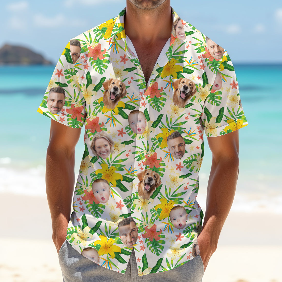 Tropical Leaves Pattern, Hibiscus Hawaiian Shirt, Custom Face Shirt, Mens Golf Polo Shirts, Golf Gifts For Men