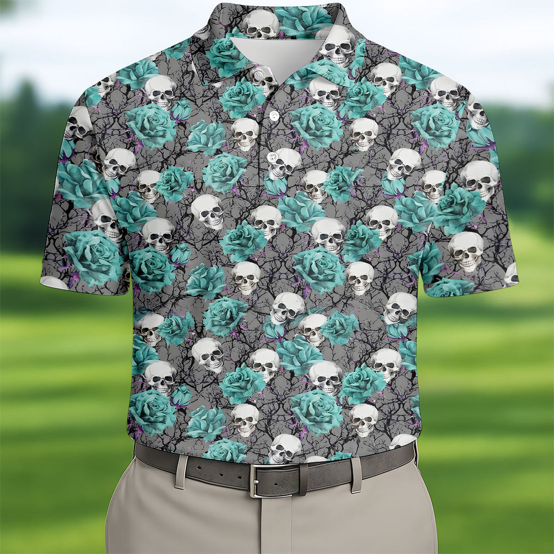 Teal Rose Skull Gothic Pattern Golf Polo Shirt, Mens Golf Shirts, Hawaiian Golf Shirt