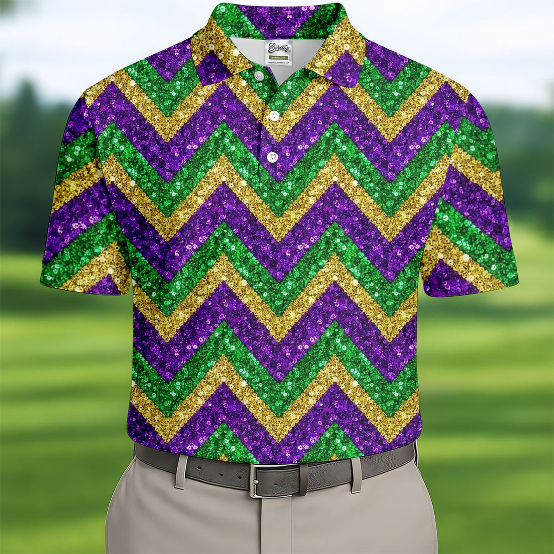 Mardi Gras Purple Gold Green Zigzag Pattern Glitter Print Golf Tops For Men, Polo Shirts For Men, Golf Shirts For Men