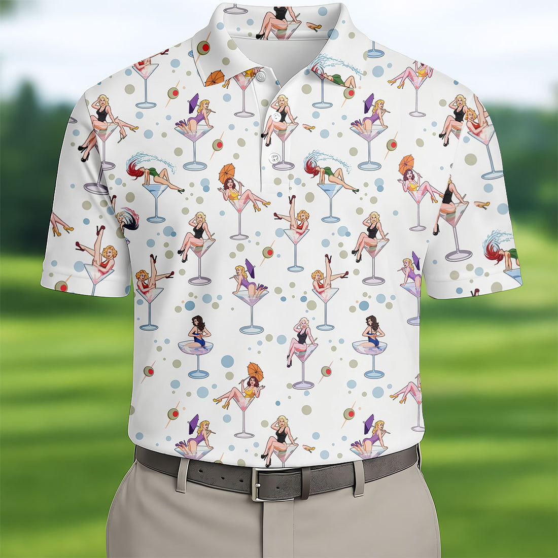 Retro Pin Up Martini Cocktail Hawaiian Golf Shirt, Golf Shirts For Men, Hawaiian Golf Shirt