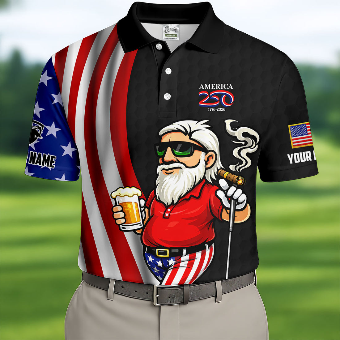 America 250 Patriotic Man 4th Of July Black Golf Shirt, Golf And Beer Golf Shirts For Men