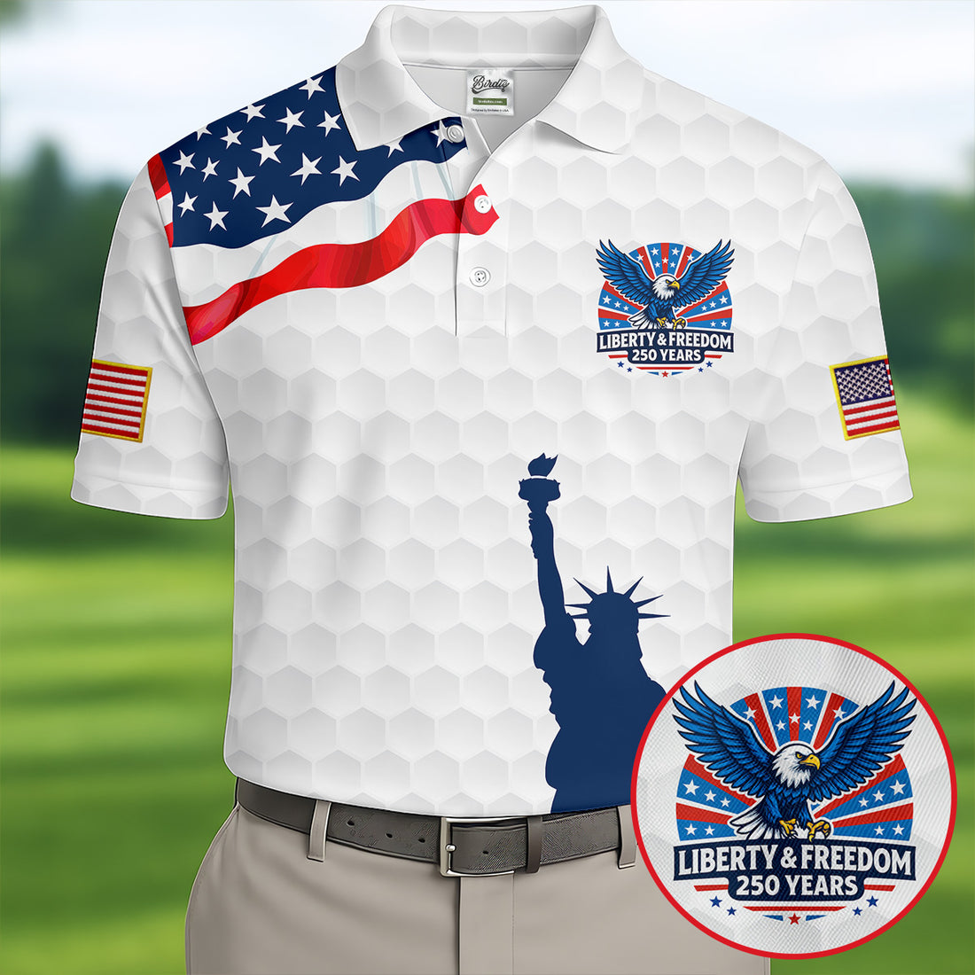 Liberty And Freedom 250 Years Golf Ball Pattern Patriotic Golf Shirt, 4th Of July Polo Shirts For Men